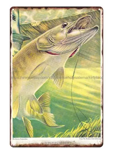 exterior metal wall art Garcia Catalog Fish muskellunge metal tin sign