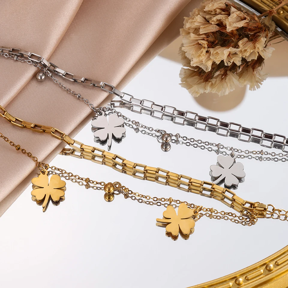 Htpwe Stainless Steel Lucky Four-leaf Clover Round Bead Bracelet Women's Plated 18k Couple's Holiday Gift Bracelet Party Jewelry image 3