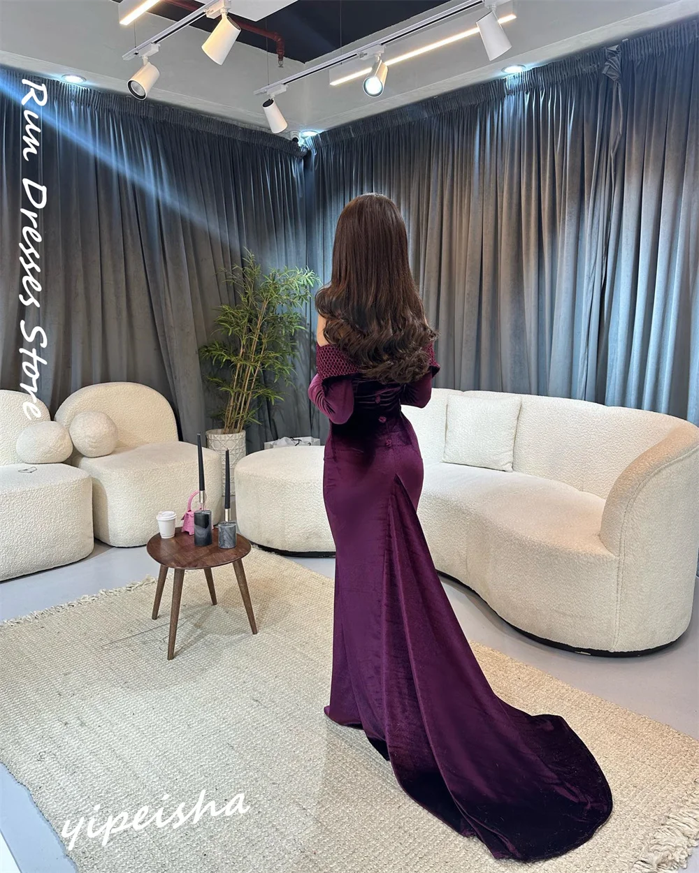 Customized Elegant Off-the-shoulder Mermaid Sweep/Brush es Rhinestone Velour evening gown vestidos de ocasión formales فستان سهر