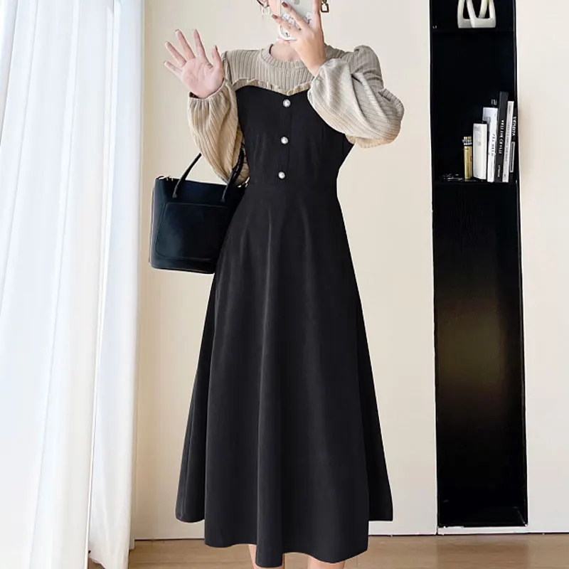 Fake Two Pieces Corduroy Midi Dress Women's Clothing Long Sleeve Spring Autumn Chic Folds Patchwork Elegant A-Line Waist Dresses