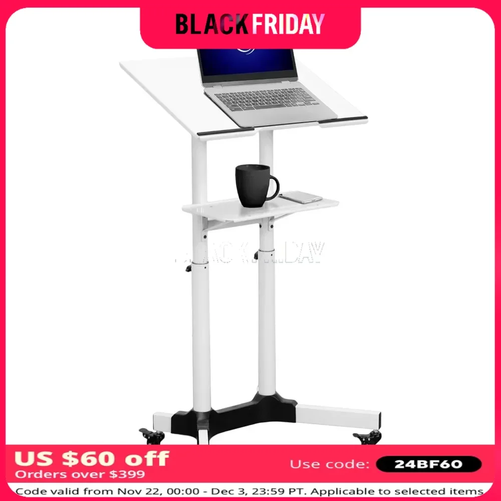 Steel Mobile 24 inch Height Adjustable Multi-Purpose Rolling Podium, Lectern, and Laptop Workstation Desk with Storage