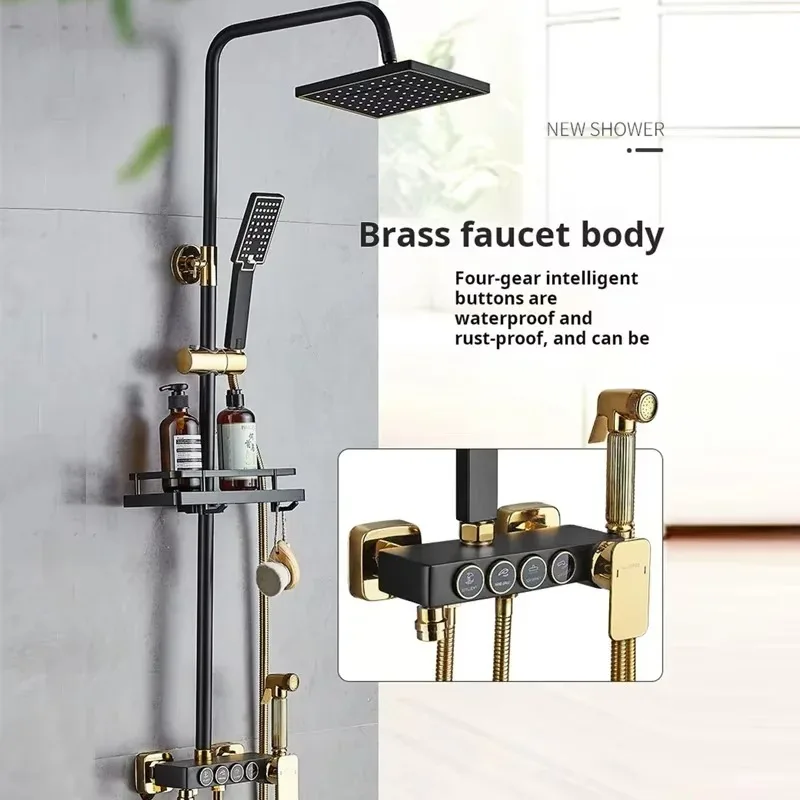 

High-quality Bathtub 4-key Shower Faucet Bathroom Brass Shower System Set Black-gold Hot and Cold Mixer Bathroom Shower Set