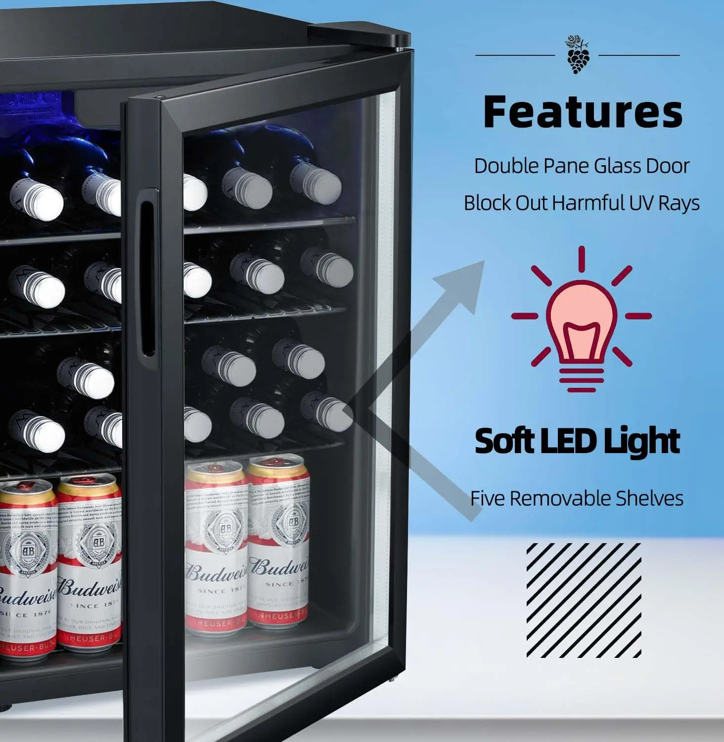 16 Bottle Wine Cooler Mini Fridge Glass Door Quiet Compressor Adjustable Temp Freestanding 2.4 Cu Ft LED Display, Customized
