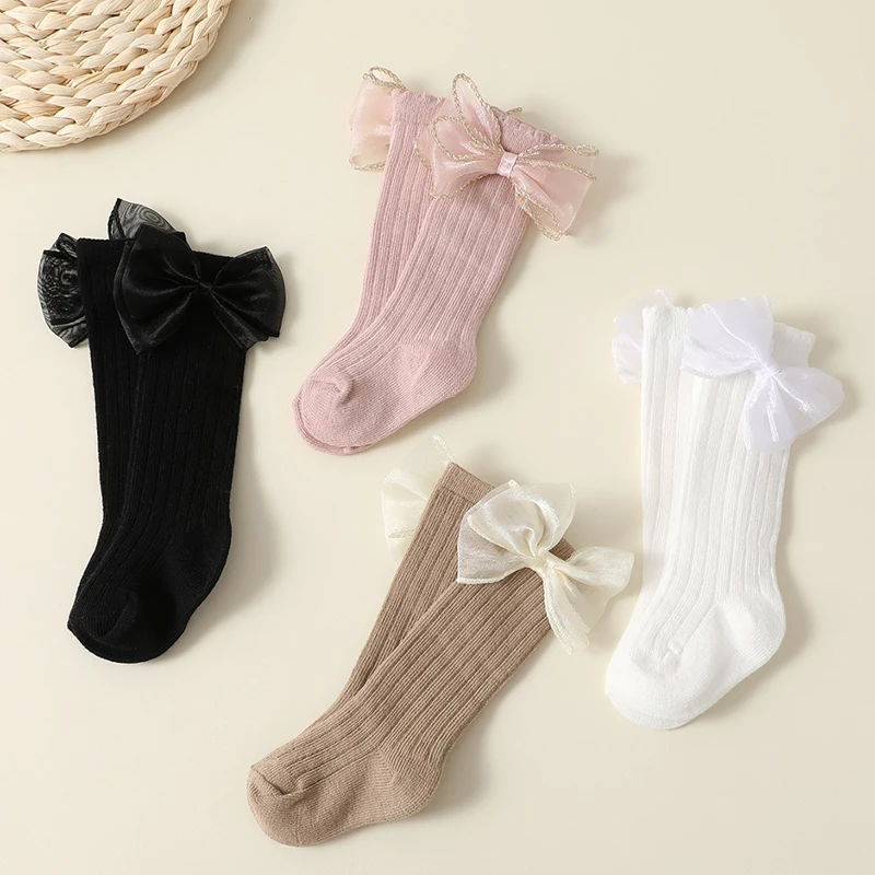 4 Pairs a Lot MILANCEL New Autumn Baby Girls Socks 0-2Y Infant Bow Solid Color Mid-tube Socks Baby Accessories