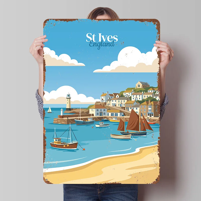 Póster Metálico de Viaje a St Ives, Inglaterra, Arte de Pared Personalizado, Letreros Retro Vintage de Hojalata para Decoración de Cuarto de Hombre, Baño y Hogar