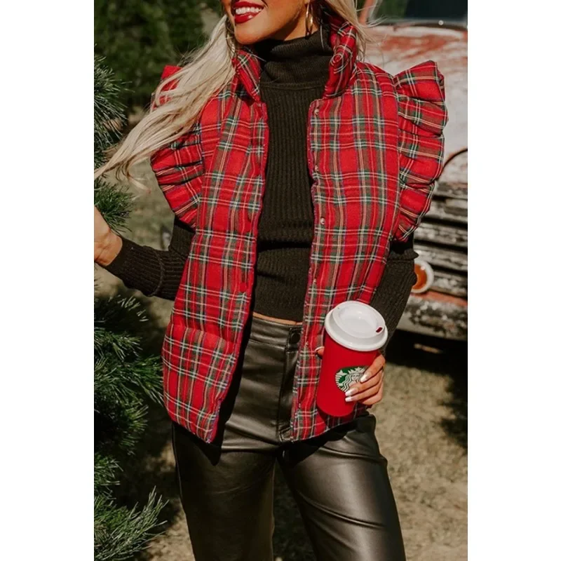 Winter Frauen Plaid Weste Mantel elegante Vintage y2k ärmellose Stehkragen warme dicke Baumwolle gepolsterte Jacke Outwear