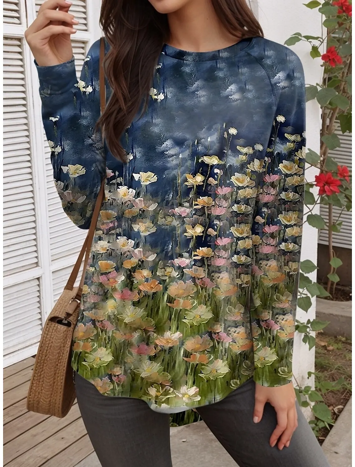 

Summer Fashion Women's Flower Graphics Elegant O-Neck Long Sleeve T-Shirt Y2K Casual Tops Womens Clothing Harajuku Pullover