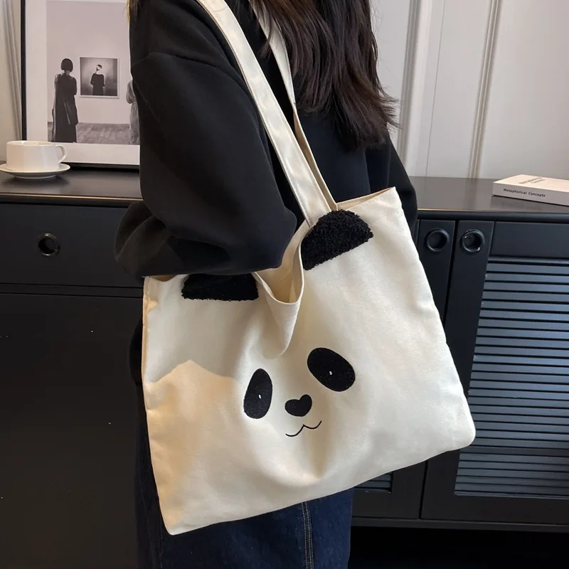 Simple Tote Bag Cute Panda Canvas Bag Large Capacity Casual Shoulder Bag Commuter Fashion Handbag Shopping Bag