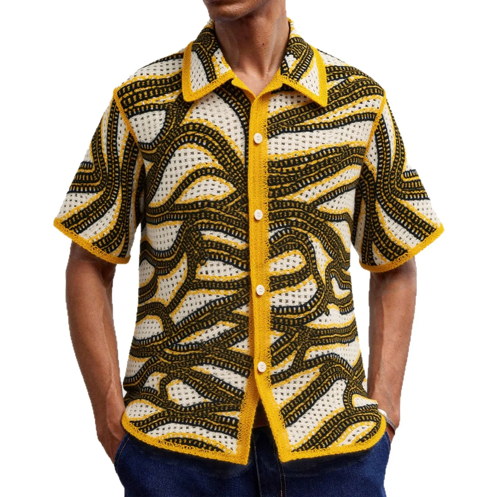 Men's luxury fashion American casual crochet striped knitted cardigan retro water-soluble short sleeved polo shirt top