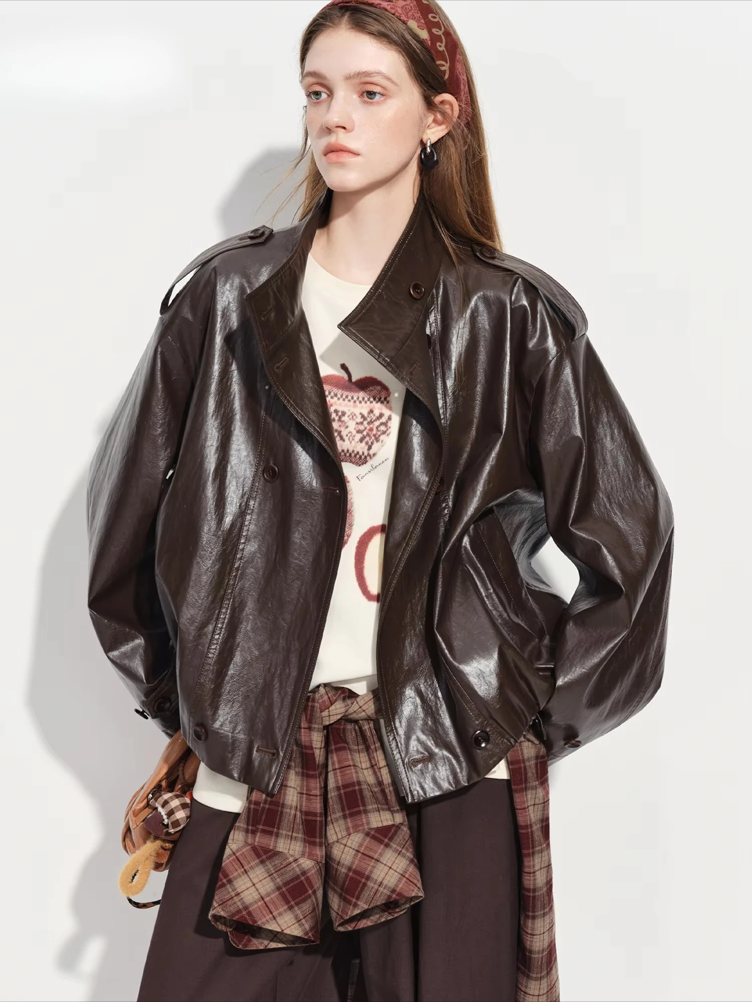 Women's Oversize Short Trench Coat Brown Faux Leather Belted Jacket Grey Windbreaker Retro Outerwear