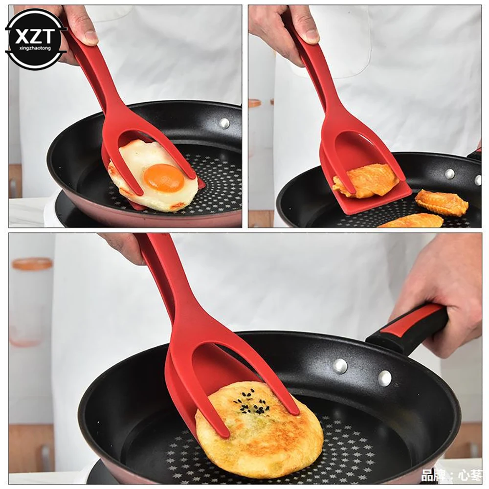 Non Stick Food Clip 2 In1 Pancake Spatula French Fries Turners Egg Clamp Frying Steak Pancake Tong Toast Omelet Clip for Kitchen