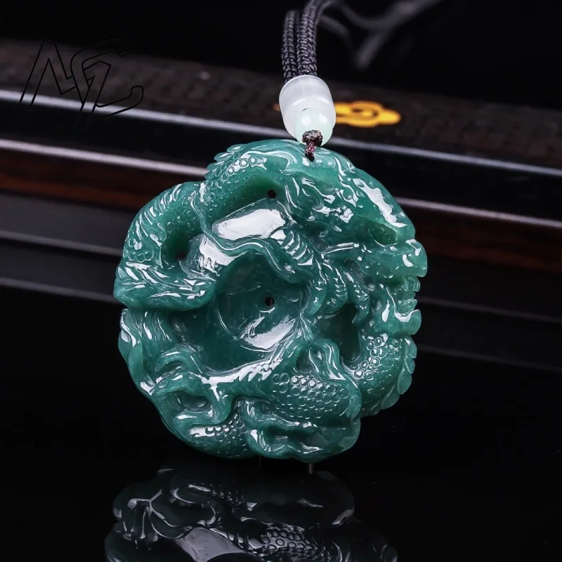 

Certificate Natural Jade Blue Water Mighty Dragon Card Pendant Necklace Carved Charm Jadeite Jewelry Fashion Amulet Woman Gifts