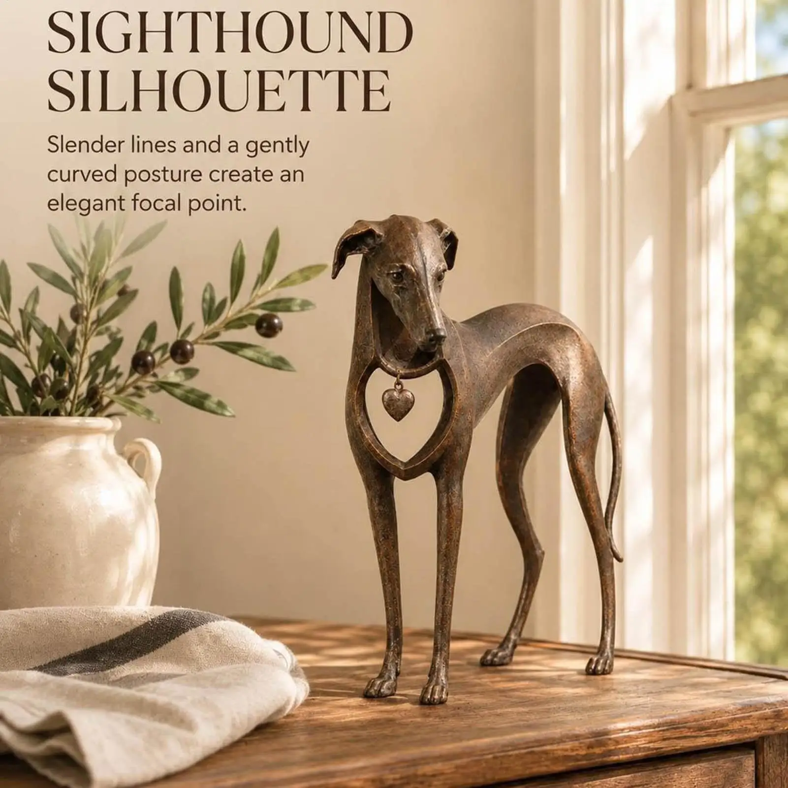 Vintage Greyhound Decor Sighthound Figurine With Heart Resin Dog Statue Decor Rustic Desk Ornament For Apartment Indoor Study