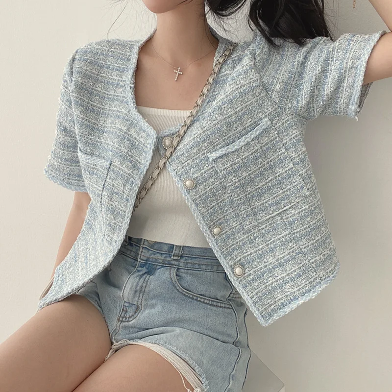 

Korean Chic Spring Summer New Single Breasted Short Sleeve Coat Graceful Simple Women's Cardigan Jacket Female Crop Top