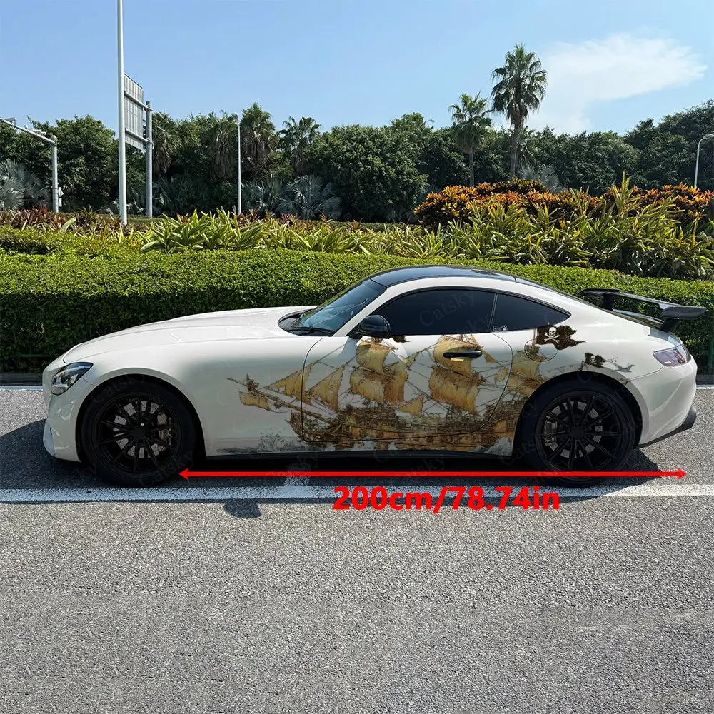 2pcs Pirate Ship Pattern Car Side Wraps, Self-Adhesive PVC Waterproof & Scratch-Resistant Stickers, Car Accessory Gift