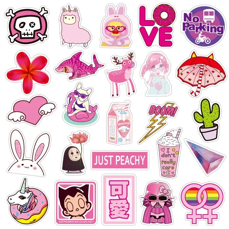 1Set =50PCS Pink Sticker Trolley Case Car Computer Skateboard Waterproof Sticker Scooter Motorcycle
