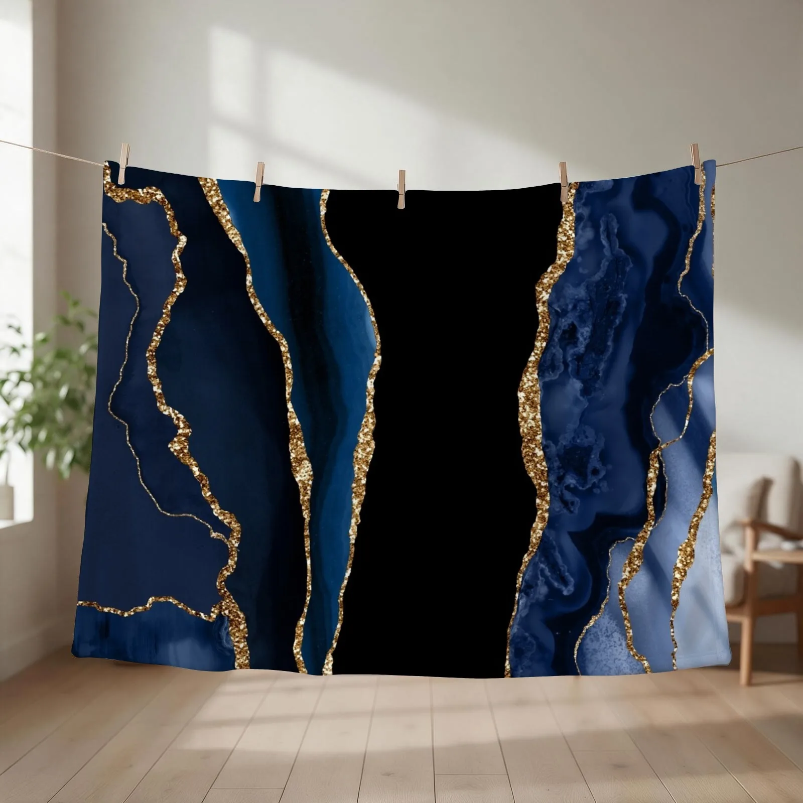 Abstract Blue and Gold Modern Geode Agate Design Throw Blanket couch cozy soft plush fuzzy picnic outdoor blanket