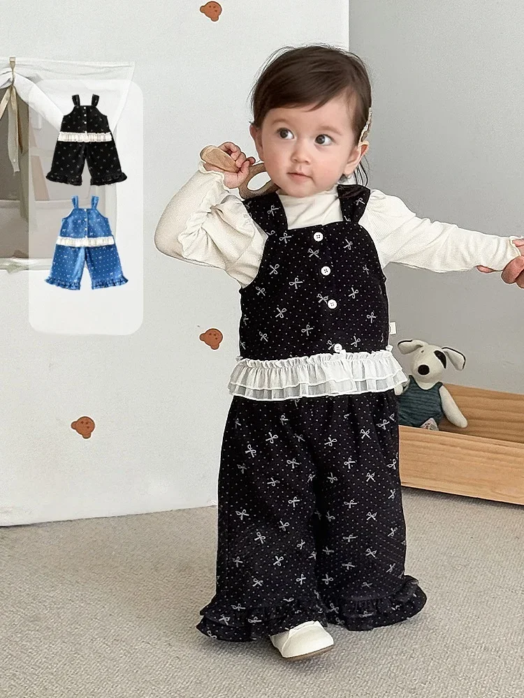 

Autumn New Girls Bow Print Suspender Set Lace Ruffle Wide Leg Pants 2-Piece Fashion Soft 0-5Y Toddler Outfit