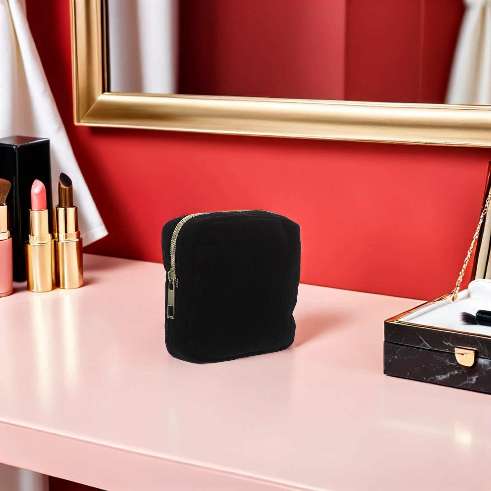 Compact Small Makeup Bag for Purse Black Mini Travel Case Women Girls Portable Organizer Toiletries Storage Bag Daily