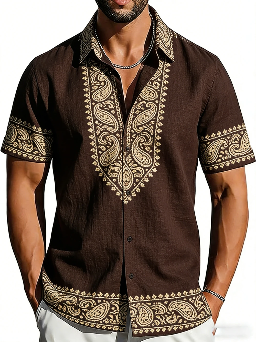2026 Men's Shirt Paisley Ethnic Border Print Turn‑down Collar Short Sleeve Vacation Party Casual Button Down Men Clothes