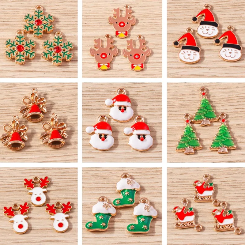 

10pcs/lot Mix Cute Enamel Christmas Tree Santa Claus Bells Charms Pendants for Jewelry Making Earrings Necklaces DIY Crafts Gift