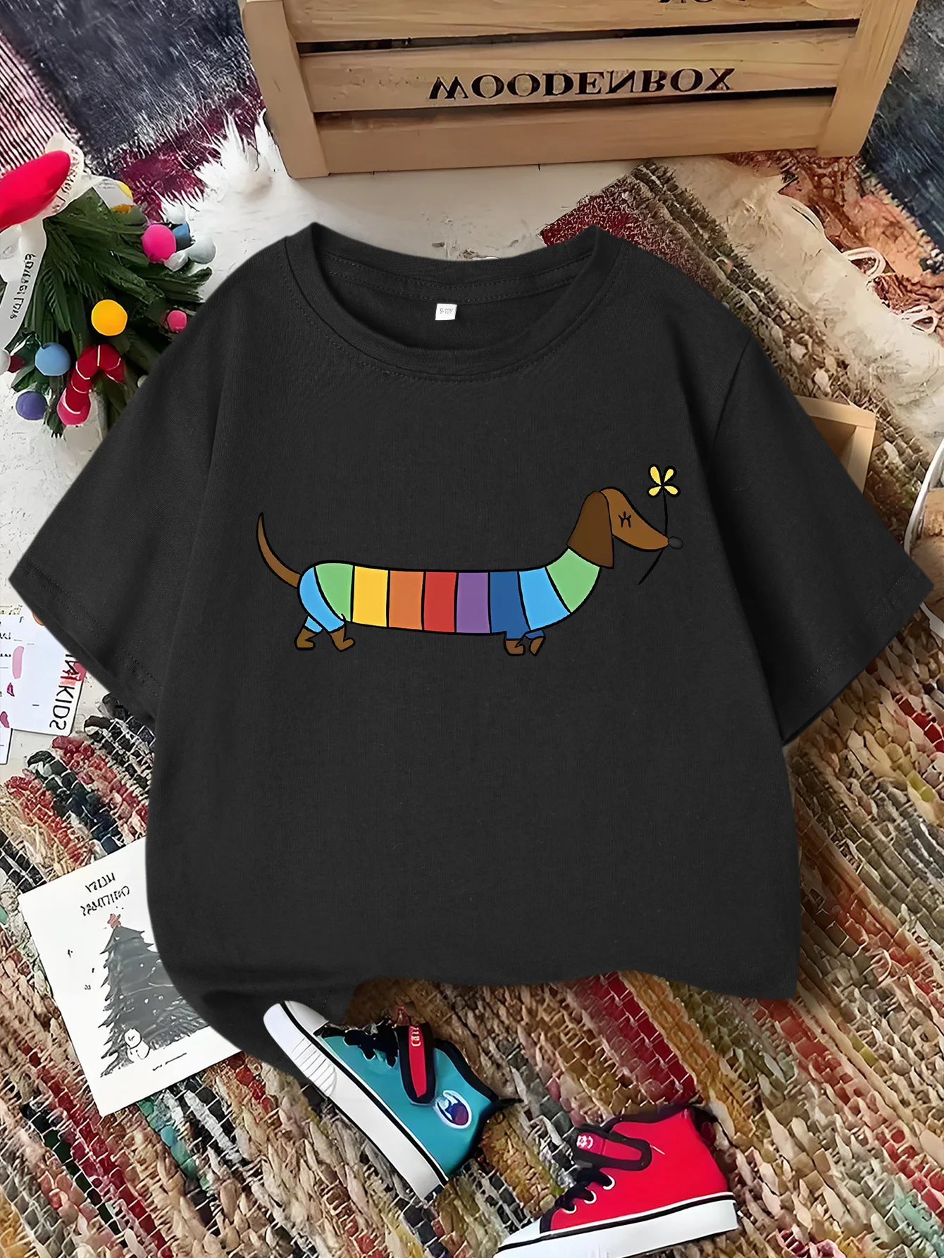 Rainbow Dachshund Flower Cartoon Print Kids Tee Boys Girls Family Matching Short Sleeve Soft Breathable Parent Child DailyTops