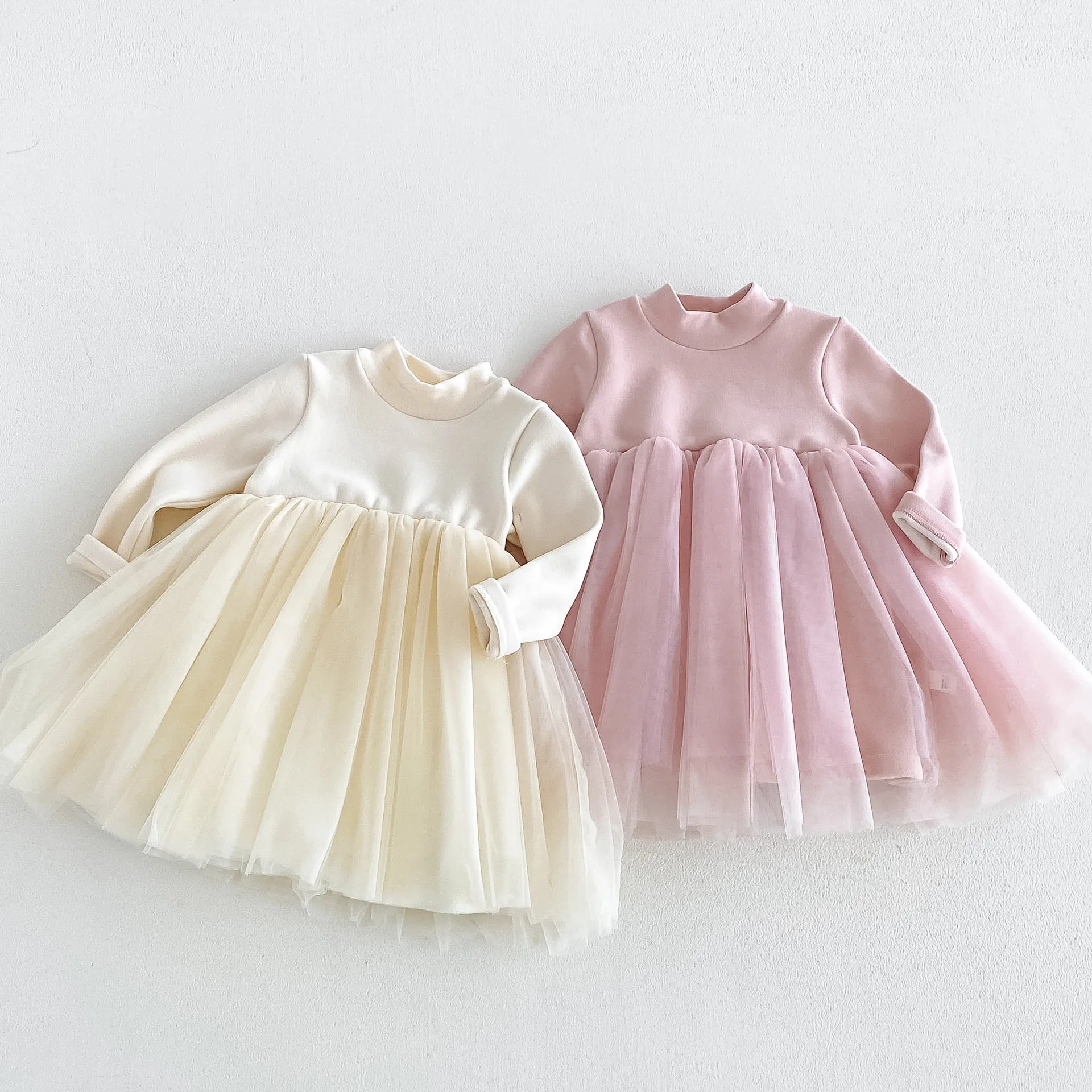 2026 New Winter Girls Fleece-Lined Dress | Solid Color Tulle Princess Gown | Warm Party Dress