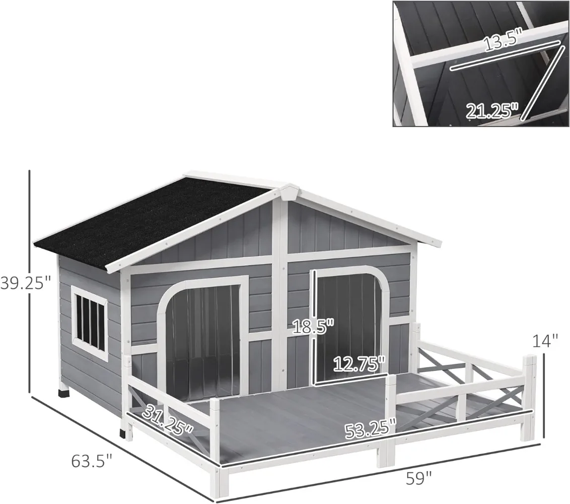 Casa grande de madeira para cães, canil duplo ao ar livre com piso elevado e varanda, abrigo para cachorros à prova de intempéries para pequenos e médios