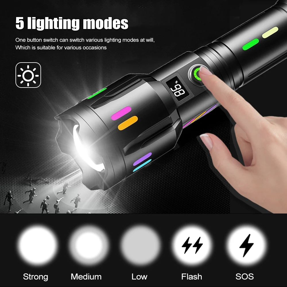 5000LM Long-Range White Laser Flashlight TYPE-C Rechargeable Camping Torch Zoomable Search Spotlight with Luminous Strips