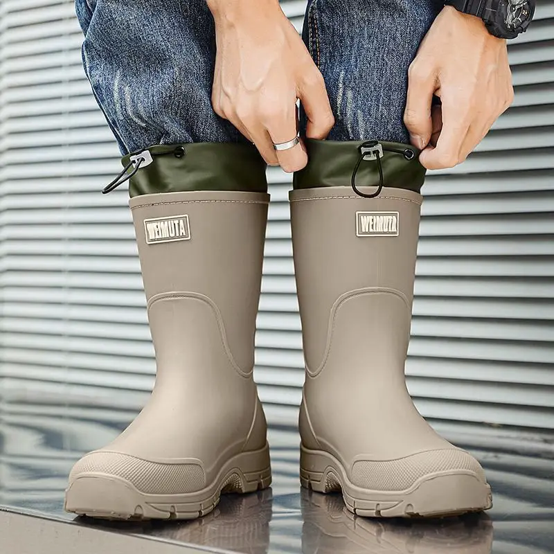 

Drawstring Waterproof Mid-calf Rain Boots for Men Low-heel Fishing Garden Wellies Outdoor Wide Toes Adult Chef Kitchen Man Shoes