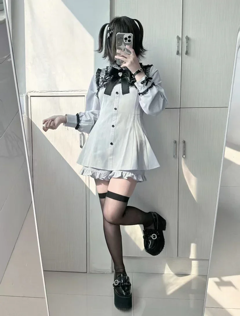 Lolita Mine Series Mass-Produced Heart-Shaped Lace Up Long Sleeve Bow Dress Top Shorts Suit Autumn New Sweet 2 Piece Set Outfits