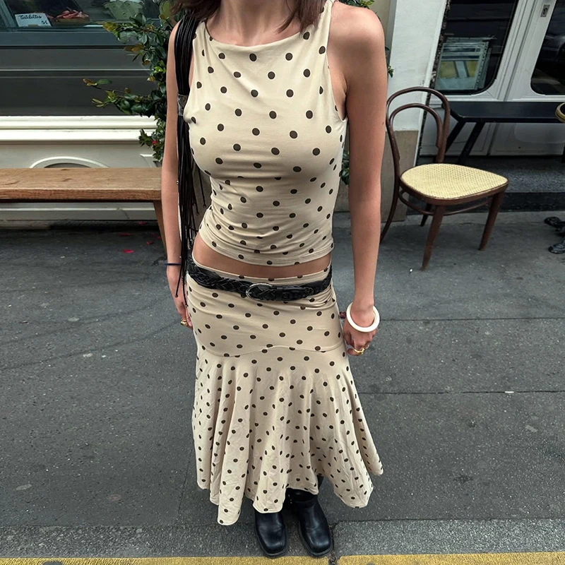 

CUTENOVA Women Polka Dot Printed Sleeveless Round Neck Waist Tank Top + Low Waist Hip Pleated Skirt Set Temperament Elegant Set