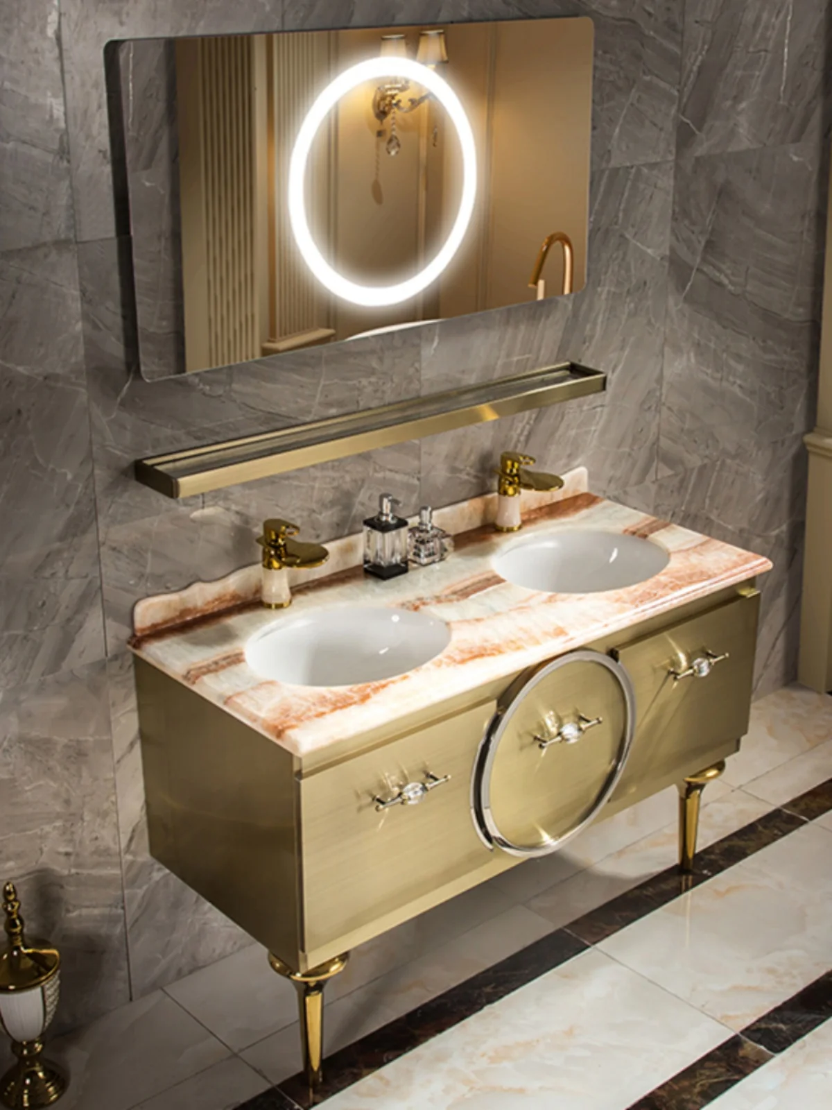 Armario de baño de acero inoxidable de lujo, luz personalizada, combinación personalizada, lavabo de baño, estilo silencioso, dorado Doble