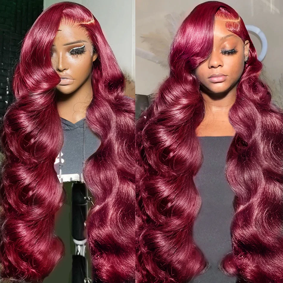 13x4 Wig rambut manusia gelombang merah merah renda depan Wig rambut manusia 99J warna renda depan telah ditanami untuk wanita 13x6 Wig Frontal renda