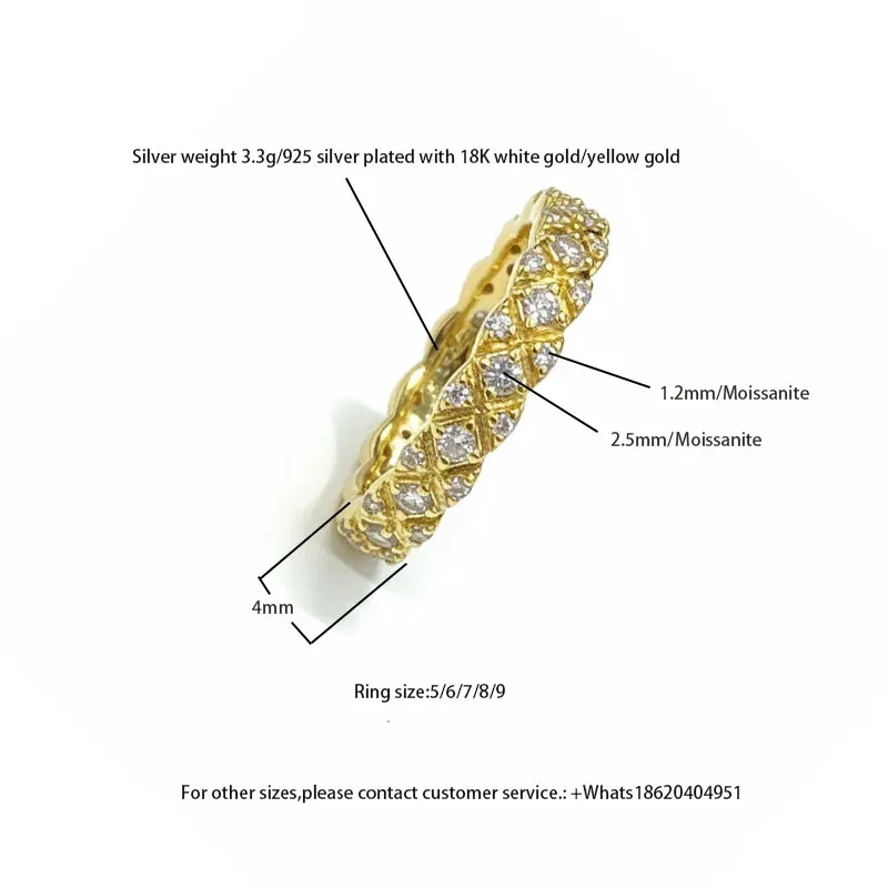 

Bling Full-Paved Moissanite Band Ring for Women | S925 Silver Plated 18K White/Yellow Gold 3.3g 4mm Ring - 1.2/2.5mm Moissanite