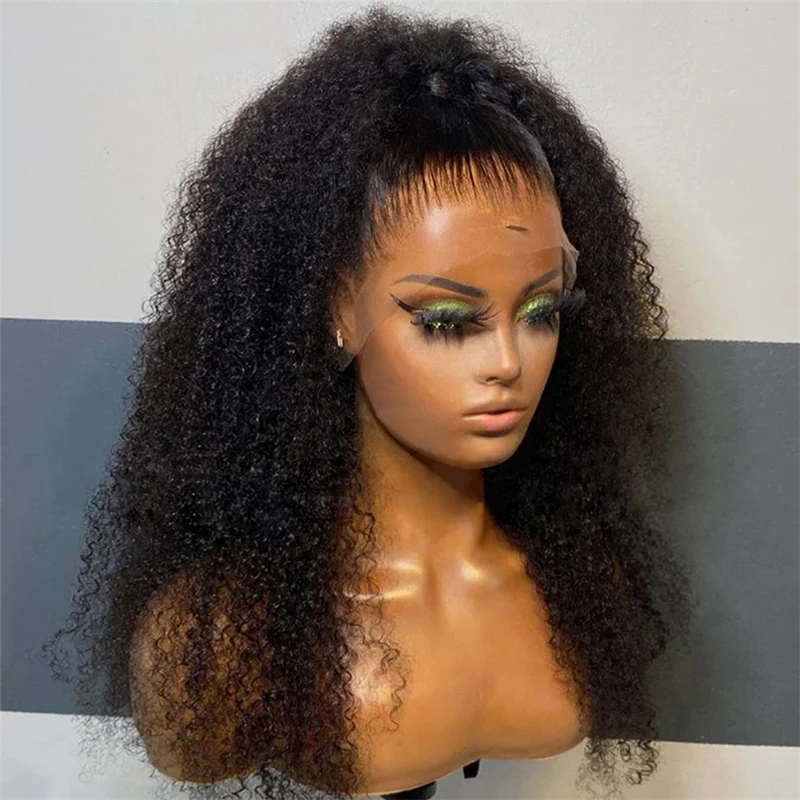 Soft Natural Black 26Inch Long 180Density Kinky Curly Lace Front Wig For Women BabyHair Heat Resistant Preplucked Daily Glueless