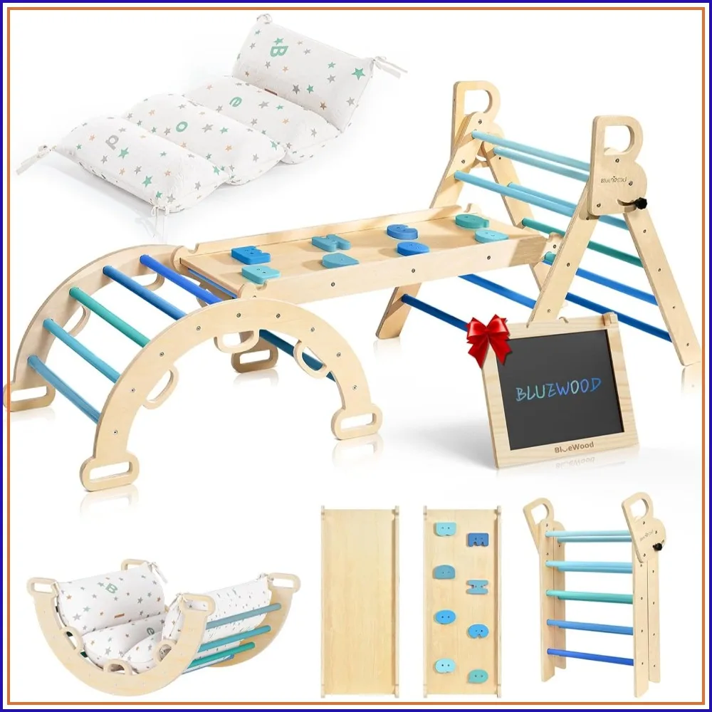 

Foldable Wooden Toddler Climbing Toys Indoor Playground Jungle Gym Montessori Climber for 2-6 Years Old, with Cushion