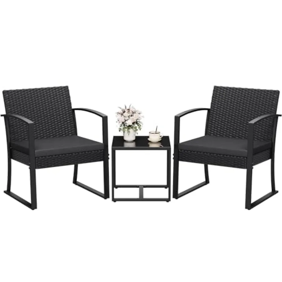 Homall Resin 3 Pieces Patio Furniture Set Outdoor Bistro Set with Cushions and Glass Table Conversation Set Rattan Chair for Po
