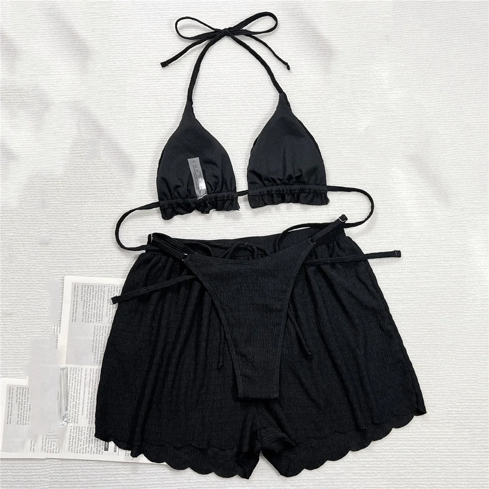 Black Halter String Triangle Bikinis Sets 3 Pieces Micro Thong Bottoms Shorts Sexy Swimsuit Women 2025 Holiday Swimwear Beach