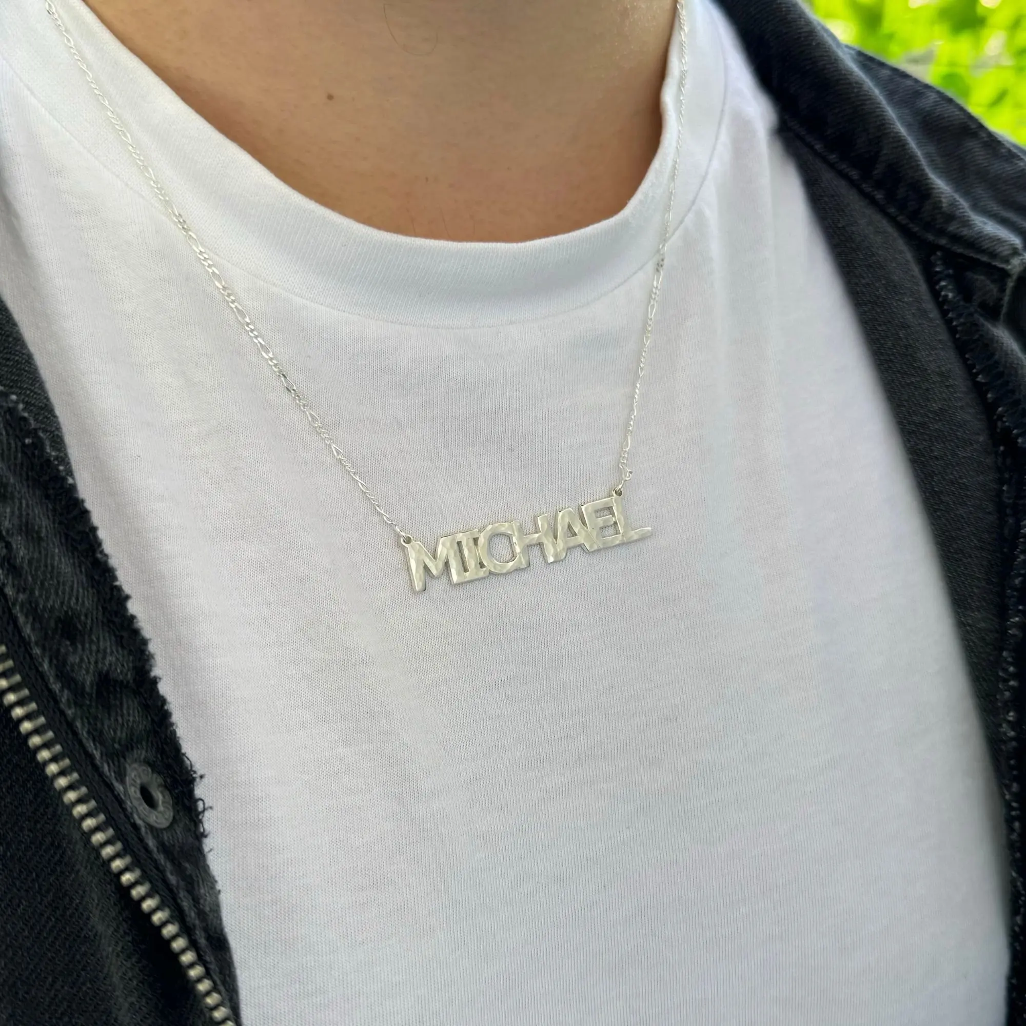 Custom Men’s Hammered Name Necklace - 1.2mm Stainless Steel Figaro Chain Customizable Jewelry Gift for Christmas Valentine’s Day