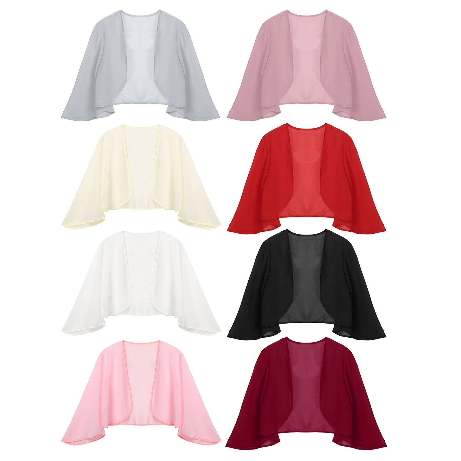 Womens Chiffon Wedding Capes Cardigan Bolero Jacket 3/4 Flare Sleeve Solid Color Evening Party Bridal Dress Cover Up Wraps Shawl