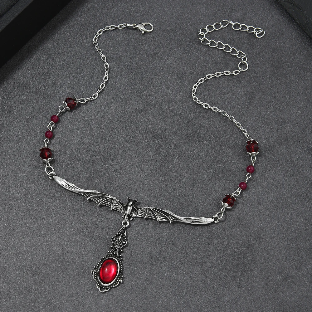 Gothic Bat Wing Choker Vintage Dark Red Gem Pendant Necklace Halloween Vampire Cosplay Jewelry for Women
