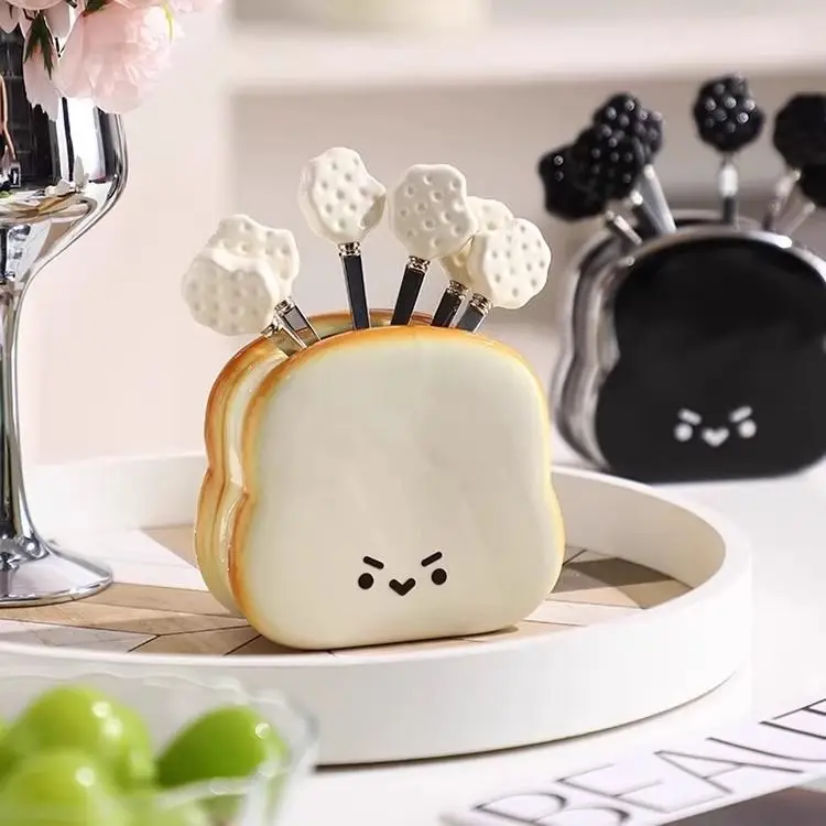 Cartoon Toast Stainless Steel Fruit Fork, Light Luxury High-end Storage Jar Set Cake Dessert Fork Fruit Skewer Fruit Insert