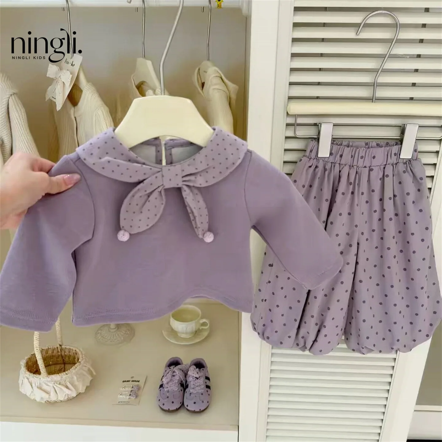 Girl's Set Spring Autumn 2026 New Super Cute Little Tie Hoodie Polka Dot Lantern Pants Two Piece Set