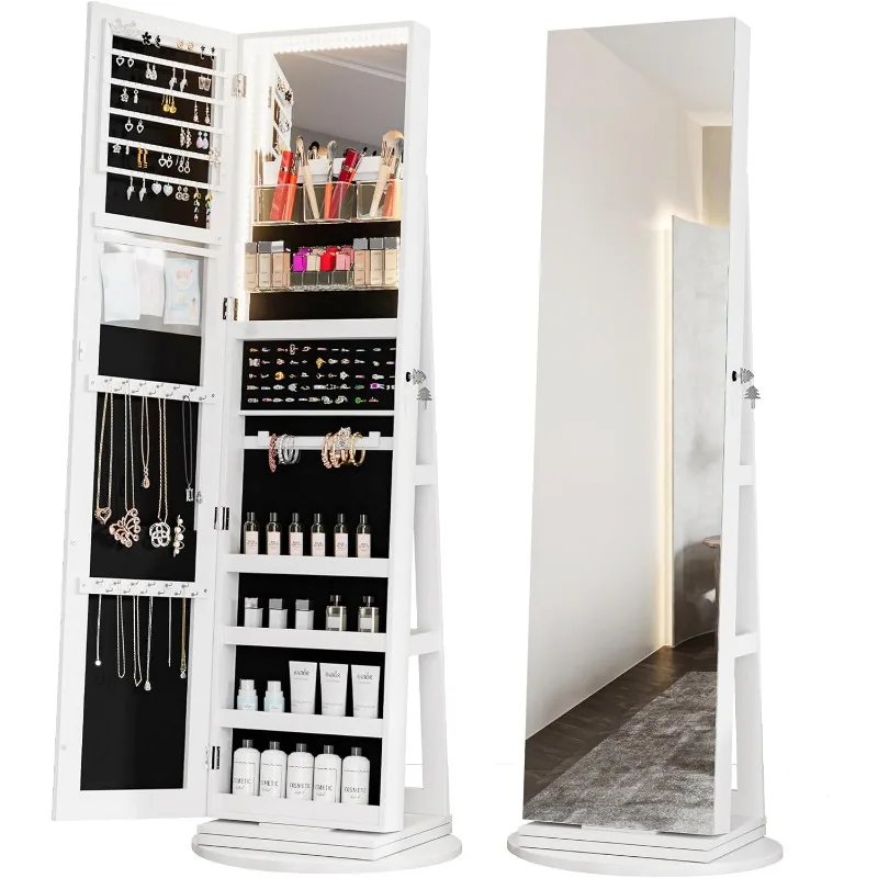 Full Length Mirror Jewelry Armoire with LED Lights, Standing Mirror with Jewelry Storage, 360° Swivel Mirror with Storage