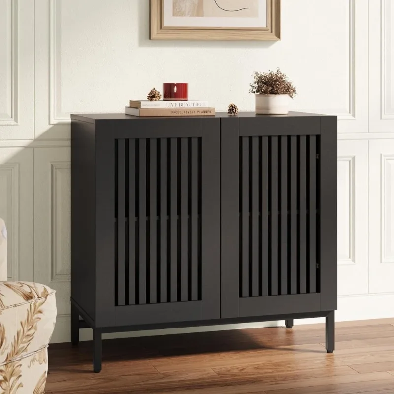 

Buffet Sideboard Cabinet with Louvered Doors Adjustable Shelf Wood Storage for Kitchen Dining Living Room Entryway Black