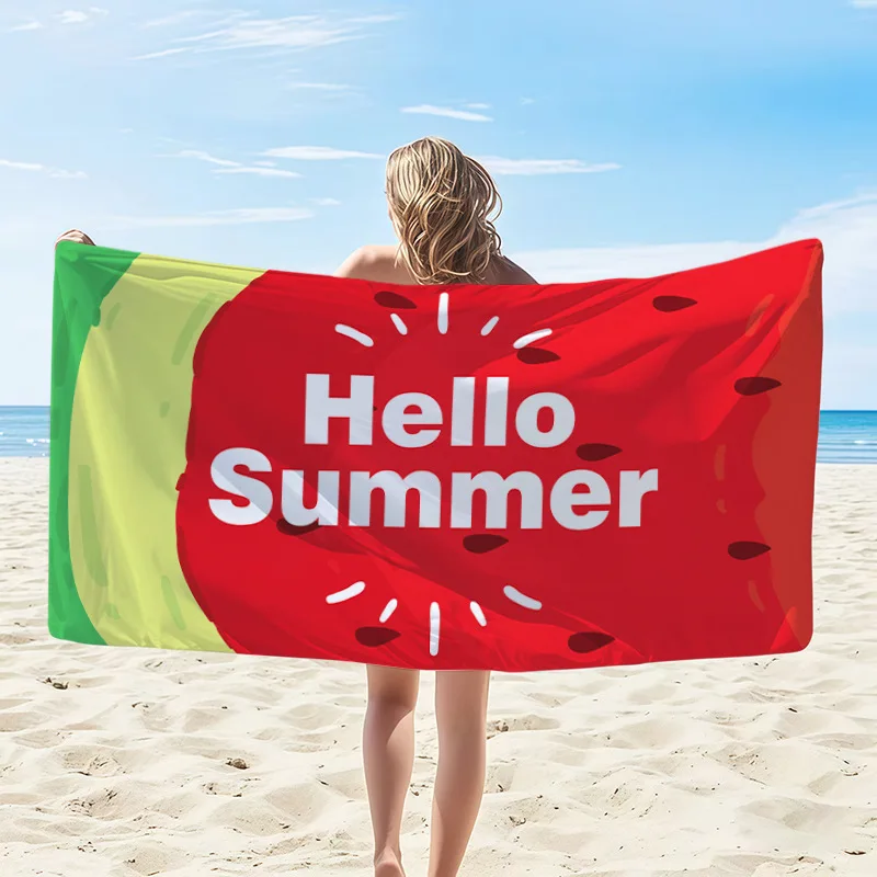 Newest Hello Summer Watermelon Pattern Microfiber Beach Towel, Quick Dry Lightweight Swimming Towel for Summer Beach Travel