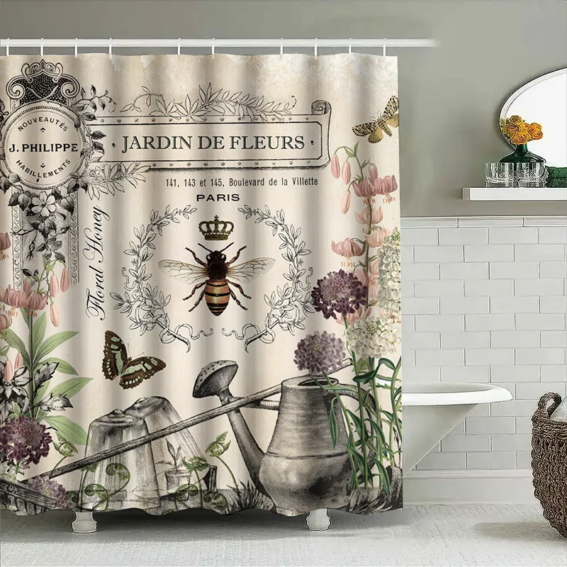 ヴィンテージガーデン装飾シャワーカーテンセット花ハニーデザイン浴室装飾ホームアクセサリー黒織物 Waterpro