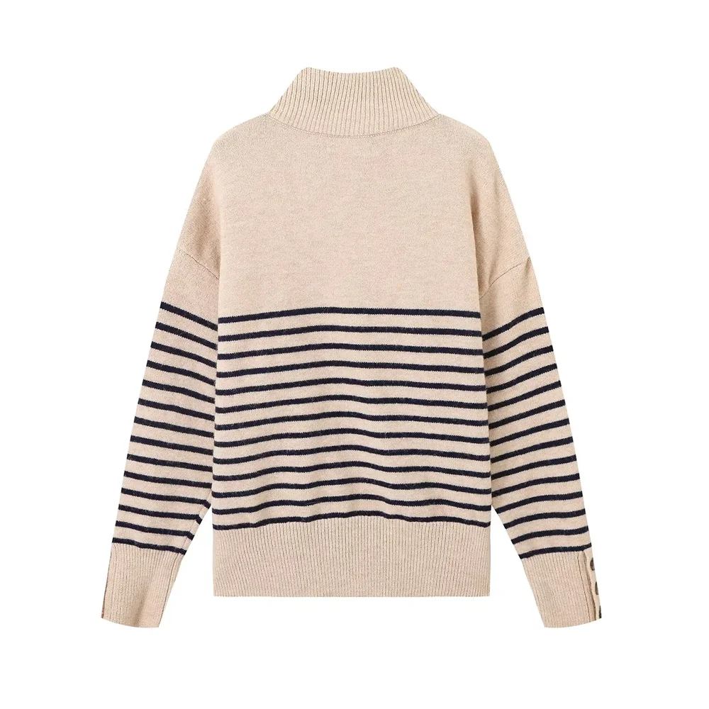 Women's new autumn and winter products with striped print stand up collar round neck casual knitted top pullover sweater