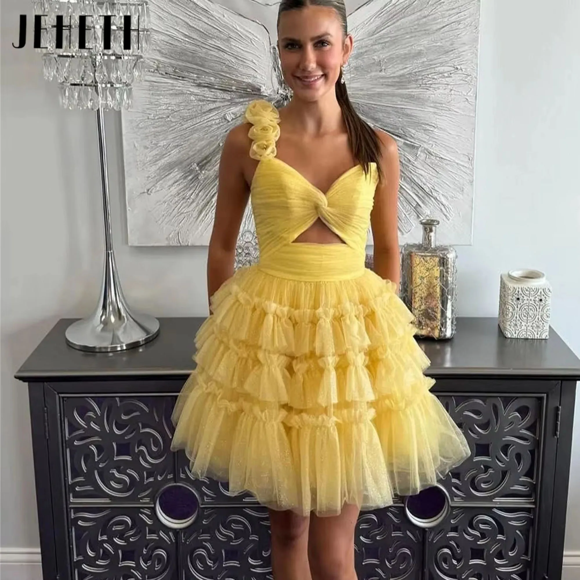 

Yellow Floral One Shoulder A-line Mini Prom Dress Backless Lace up Tiered Evening Dress Knee-Length Homecoming Gowns Customized